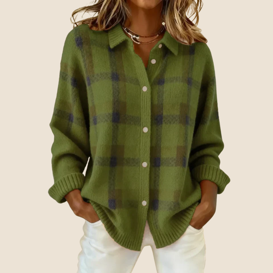 Valeria™ – Retro Check Buttoned Knit Sweater