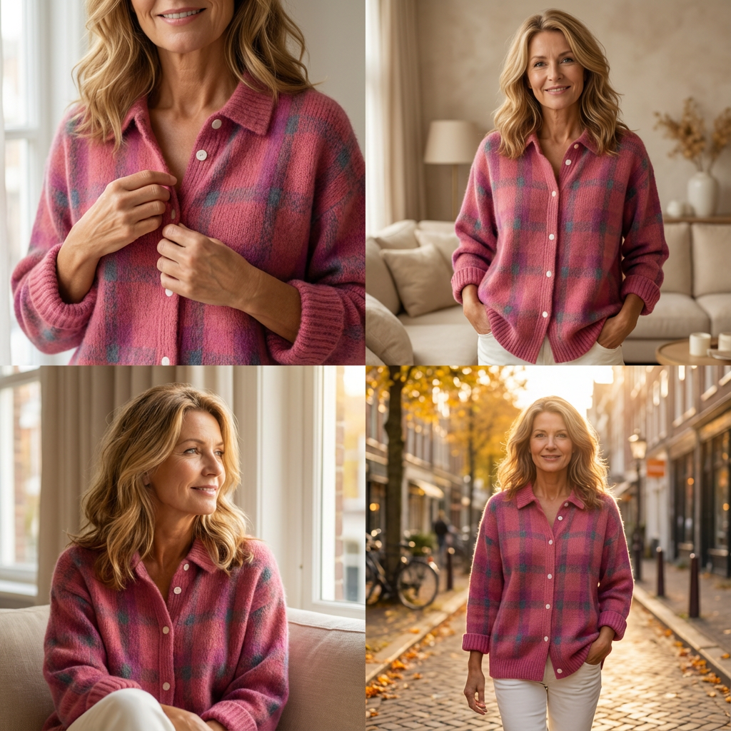 Valeria™ – Retro Check Buttoned Knit Sweater