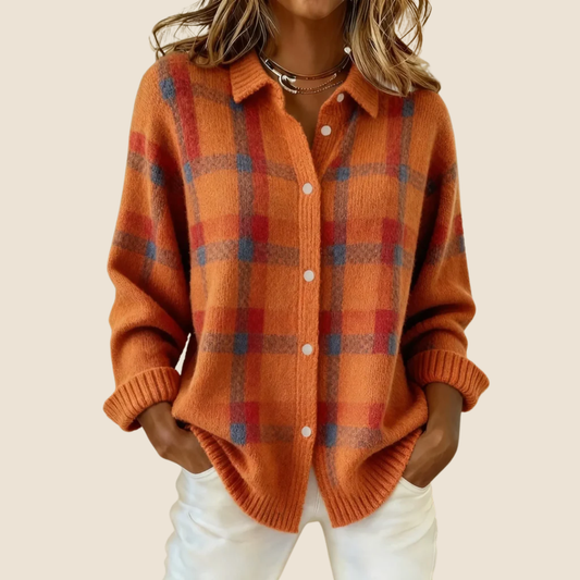 Valeria™ – Retro Check Buttoned Knit Sweater
