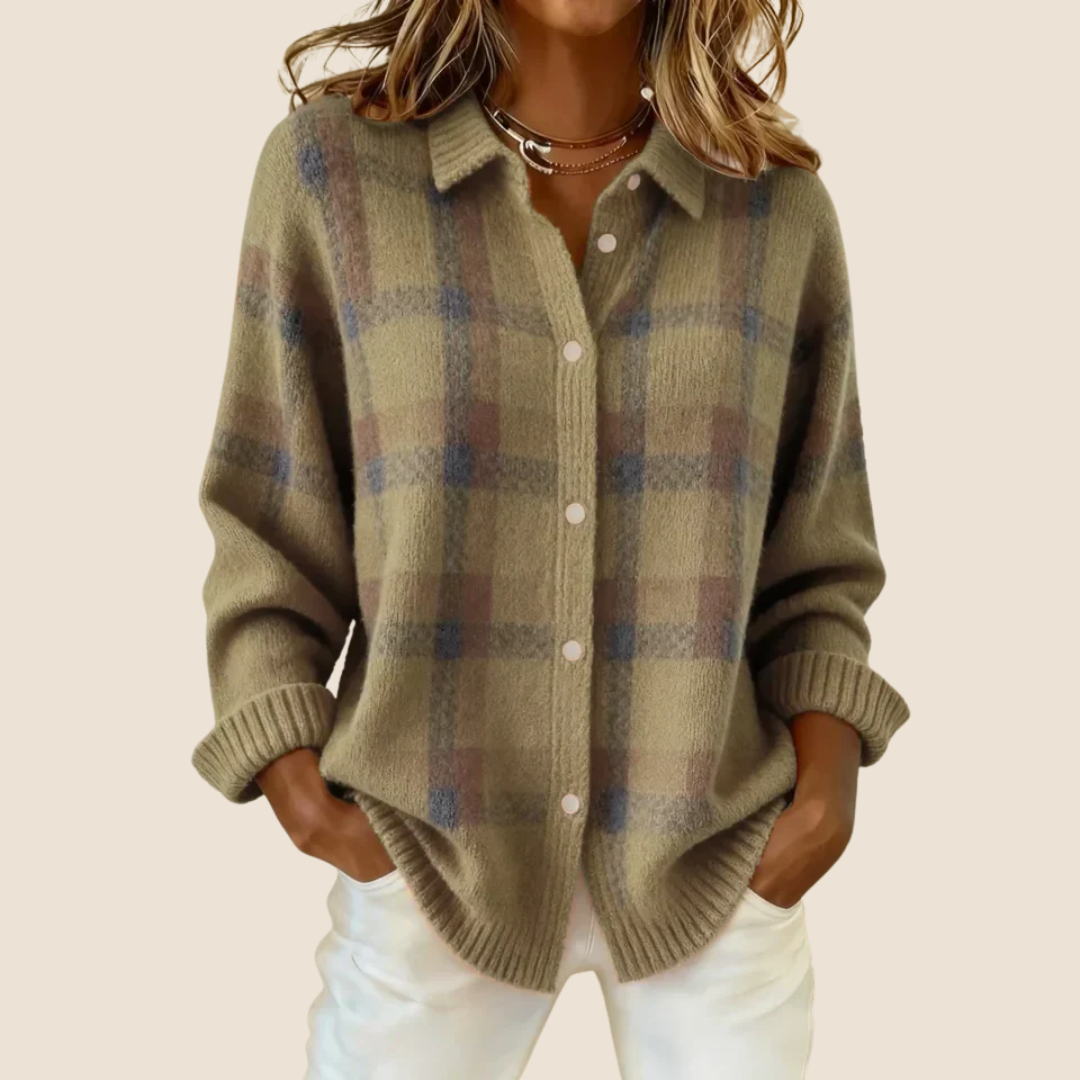 Valeria™ – Retro Check Buttoned Knit Sweater