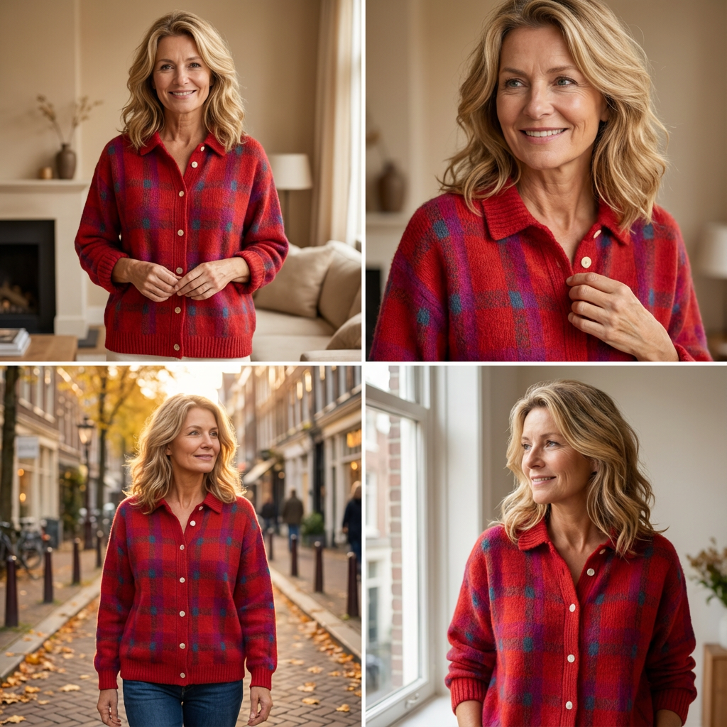 Valeria™ – Retro Check Buttoned Knit Sweater