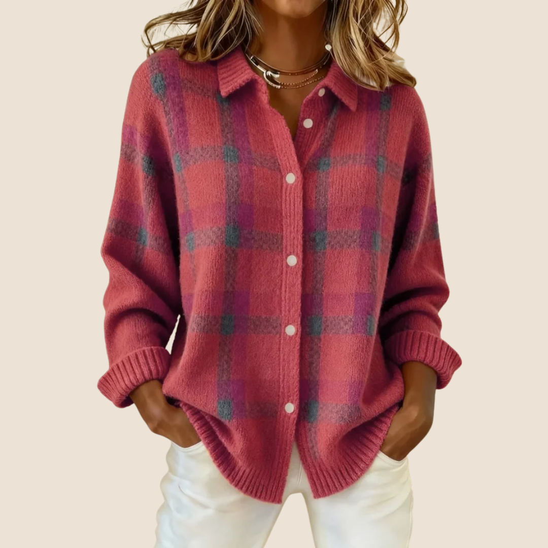 Valeria™ – Retro Check Buttoned Knit Sweater
